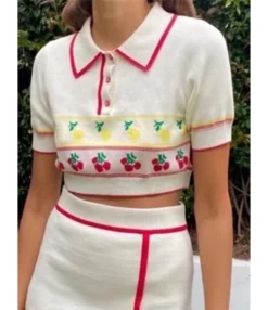 Fruit Pattern Doll Collar Short Sleeve Sweater 210821410