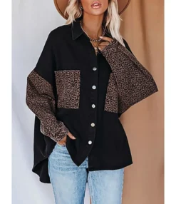 Lapel Collar Leopard Print Long Sleeve Blouse 210824450 -Women Clothing Sales Store 210824450 1