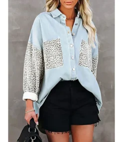 Lapel Collar Leopard Print Long Sleeve Blouse 210824450