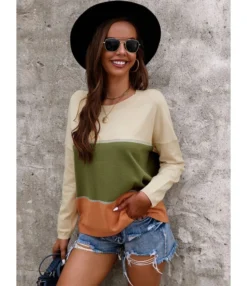 Fall Knitting Sweater Patchwork Colorblock O-neck 210824775