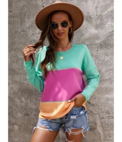 Fall Knitting Sweater Patchwork Colorblock O-neck 210824775 -Women Clothing Sales Store 210824775 2 1