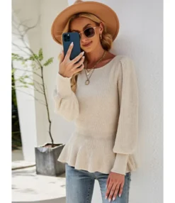Solid Color Lantern Sleeve Ruffled Hem Sweater 210826395