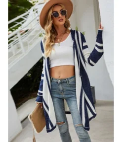 Long Sleeve Striped Hooded Sweater Cardigan 210826694