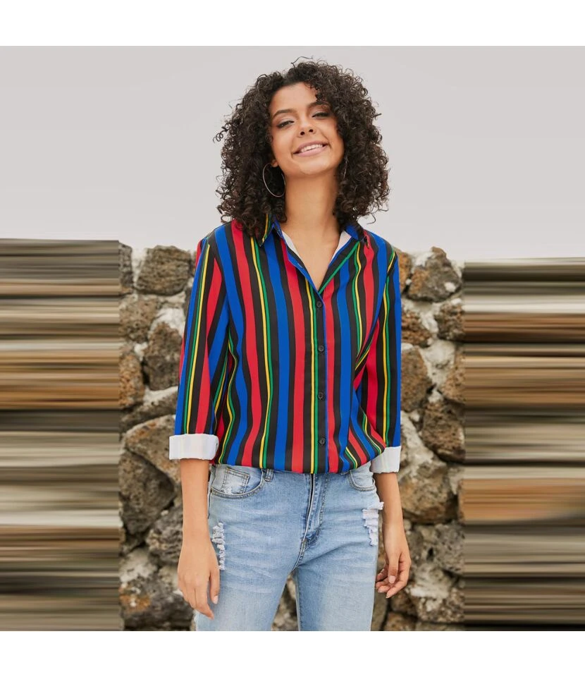 Lapel Long Sleeve Top Vertical Striped Casual Blouse Wholesale ST202685 7 Lapel Long Sleeve Top Vertical Striped Casual Blouse Wholesale ST202685 - Image 7