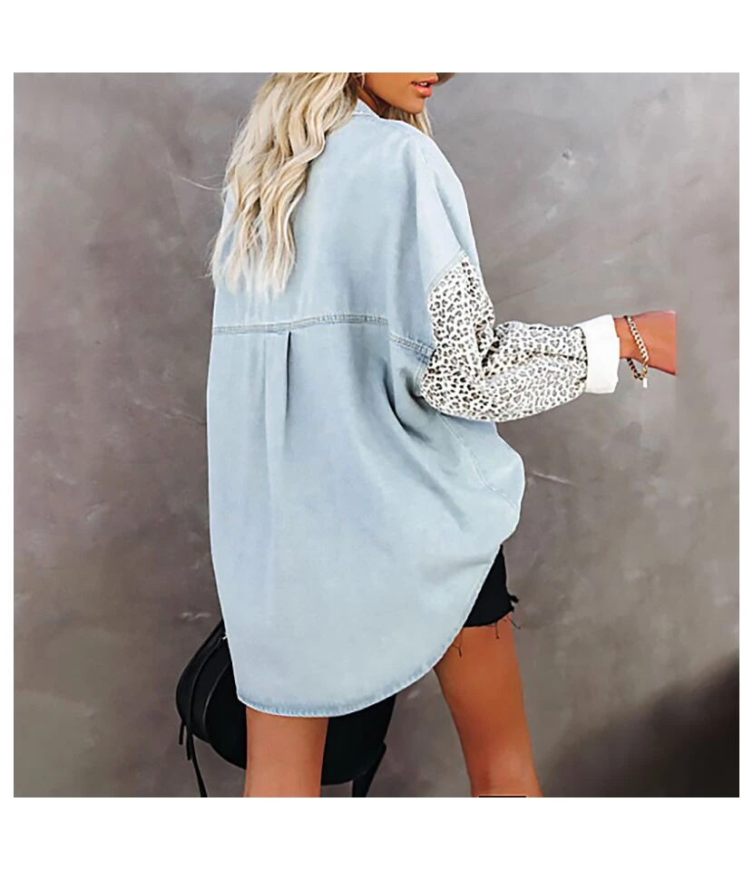 Leopard Print Denim Shirts With Pocket Long Sleeve Lapel Women'S Top Casual Wholesale Blouse ST531160 5 Leopard Print Denim Shirts With Pocket Long Sleeve Lapel Women'S Top Casual Wholesale Blouse ST531160 - Image 5