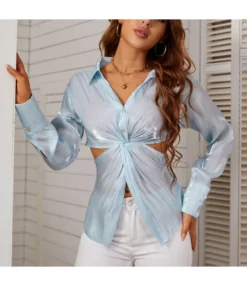 Women Turn Down Collar Button Hollow Out Wholesale Shirts ST204334