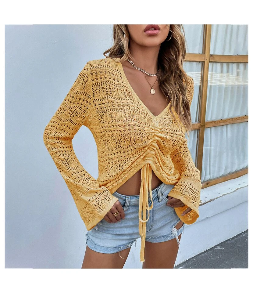 Sexy V-Neck Hollow Out Drawstring Knit Crop Tops Solid Color Flared Sleeve Loose Wholesale Sweater SSWN561053 3 Sexy V-Neck Hollow Out Drawstring Knit Crop Tops Solid Color Flared Sleeve Loose Wholesale Sweater SSWN561053 - Image 3