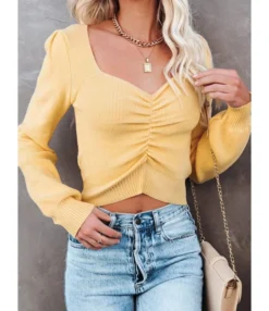 Pure Color Long Puff Sleeve Knitting Sweater 210603402