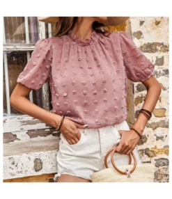 Women Plain Color Jacquard Swiss Dot Puff Sleeve Wholesale Blouses STN580629