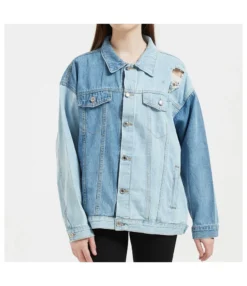 Fashion Colorblock Ripped Denim Jacket Loose Single-Breasted Long Sleeve Women Wholesale Coats SOUN560463