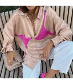 Contrast Panel Fake Two-Piece Shirt Satin Satin Long Sleeve Shirts Wholesale Womens Tops STN539062 -Women Clothing Sales Store 3107c095 25c8 41f3 adcd 5c4629e59ba9 473014768f6cc22976d97235044766f8