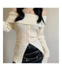 Sexy One-Shoulder Knitted Soft Waxy Single-Breasted Sweater Wholesale Women Top STV463713