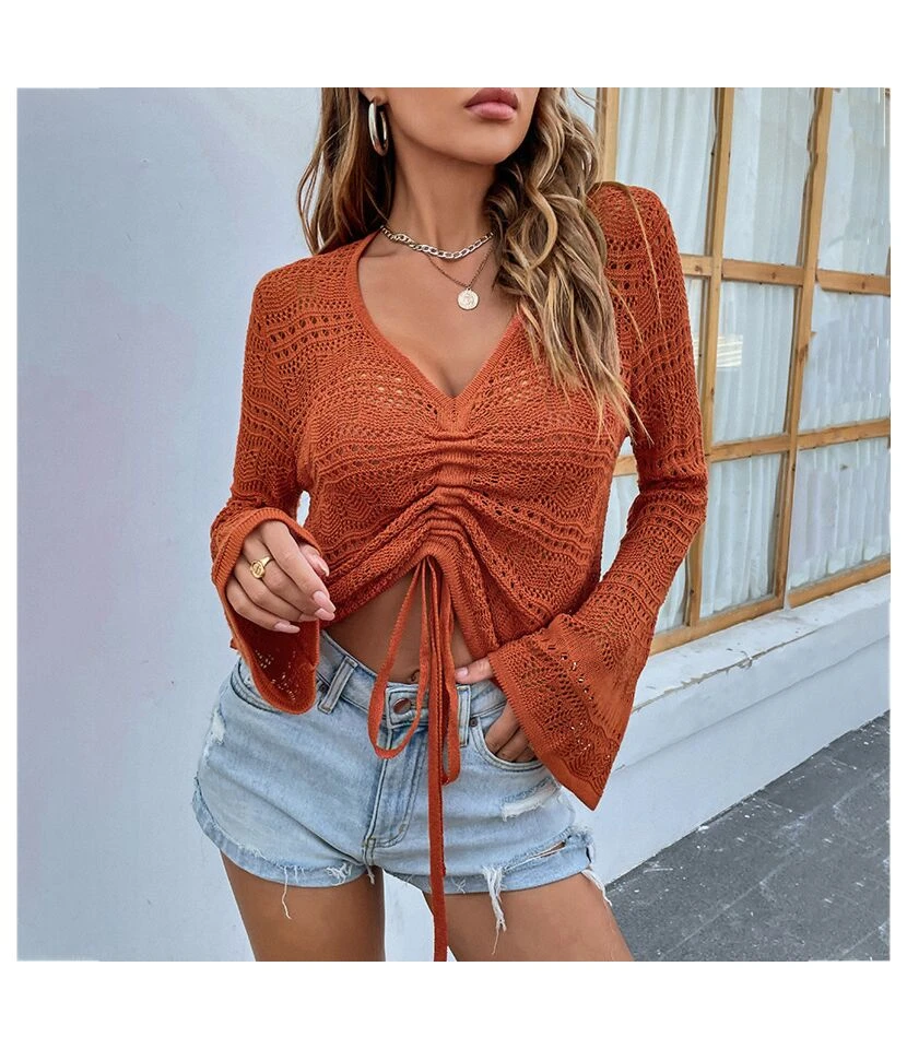 Sexy V-Neck Hollow Out Drawstring Knit Crop Tops Solid Color Flared Sleeve Loose Wholesale Sweater SSWN561053 13 Sexy V-Neck Hollow Out Drawstring Knit Crop Tops Solid Color Flared Sleeve Loose Wholesale Sweater SSWN561053 - Image 13