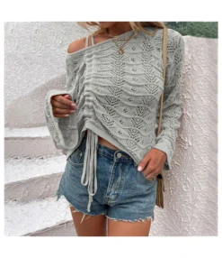 Sexy Hollow Out Drawstring Knit Top Solid Color Flared Sleeve Loose Wholesale Sweater SSWN561052