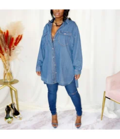 Solid-Color Irregular Loose Button-Down Mid-Length Denim Shirt Wholesale Women Top STV463626