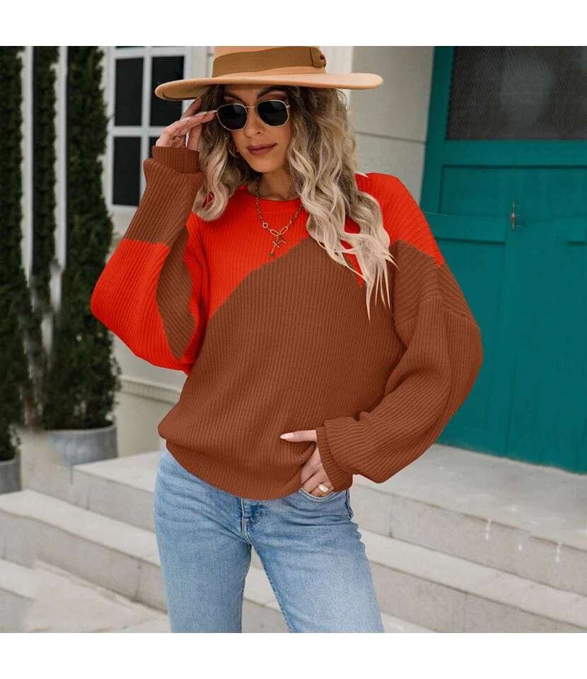 Fashion Patchwork Pullover Bat Sleeve Loose Crew Neck Wholesale Sweater SSWN560968 9 Fashion Patchwork Pullover Bat Sleeve Loose Crew Neck Wholesale Sweater SSWN560968 - Image 9
