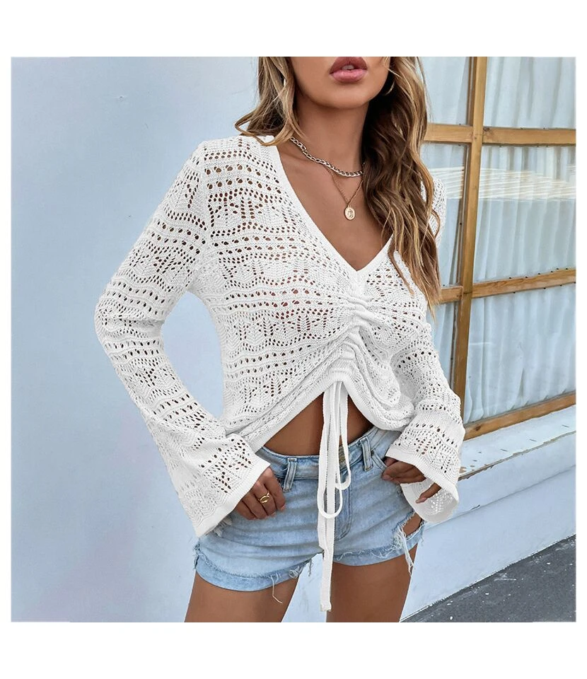 Sexy V-Neck Hollow Out Drawstring Knit Crop Tops Solid Color Flared Sleeve Loose Wholesale Sweater SSWN561053 1 Sexy V-Neck Hollow Out Drawstring Knit Crop Tops Solid Color Flared Sleeve Loose Wholesale Sweater SSWN561053