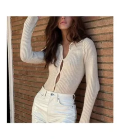 Lapel Bead Knitted Cardigan Slim Long-Sleeved Sweater Wholesale Womens Tops SSWN536473