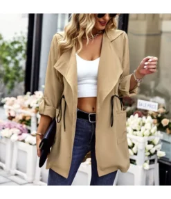 Fashion Lapel Drawstring Trench Long Sleeve Slim Solid Color Wholesale Coats SOUN562273
