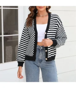 Knit Plaid Stitching Stripe Button Up Cardigan Sweater Wholesale Women'S Top