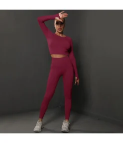 Fitness Seamless Knitted Pleated Tight Yoga Exercise Running Long Sleeve Leggings Suit Wholesale Women Clothing SOV463941