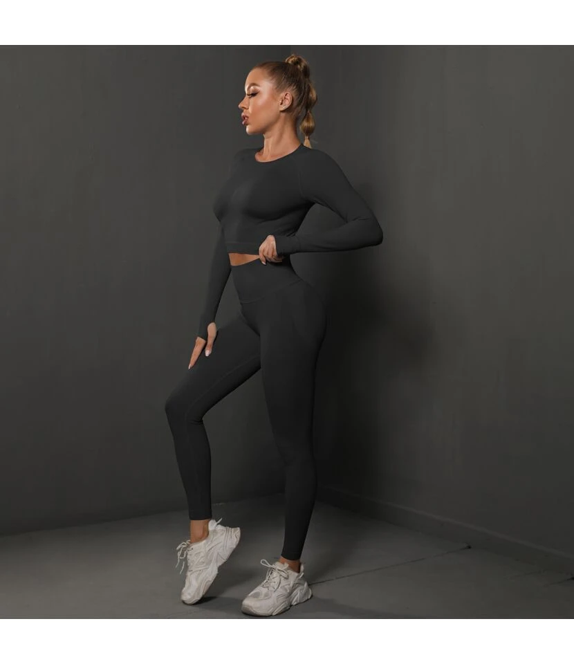 Fitness Seamless Knitted Pleated Tight Yoga Exercise Running Long Sleeve Leggings Suit Wholesale Women Clothing SOV463941 9 Fitness Seamless Knitted Pleated Tight Yoga Exercise Running Long Sleeve Leggings Suit Wholesale Women Clothing SOV463941 - Image 9