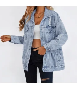 Letter Print Lapel Collar Loose Ripped Denim Jacket Wholesale Womens Tops SOUN538438