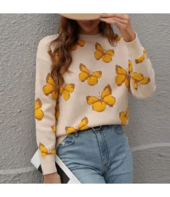 Fashion Casual Butterfly Print Round Neck Loose Women Wholesale Sweaters SSWN561508