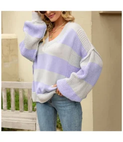 Fashion Casual Striped Knitted Tops V Neck Lantern Sleeve Loose Women Wholesale Sweaters SSWN560991