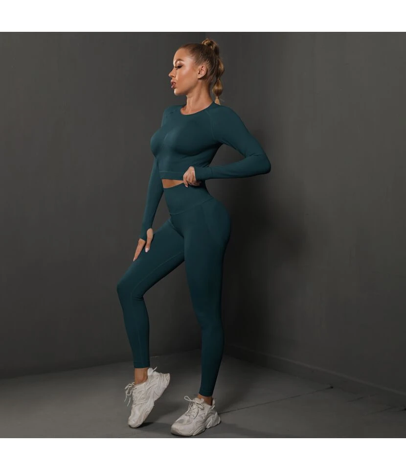Fitness Seamless Knitted Pleated Tight Yoga Exercise Running Long Sleeve Leggings Suit Wholesale Women Clothing SOV463941 12 Fitness Seamless Knitted Pleated Tight Yoga Exercise Running Long Sleeve Leggings Suit Wholesale Women Clothing SOV463941 - Image 12