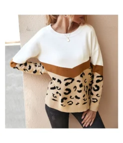Fashion Leopard Long Sleeve Top Crew Neck Casual Women Wholesale Sweaters SSWN560555