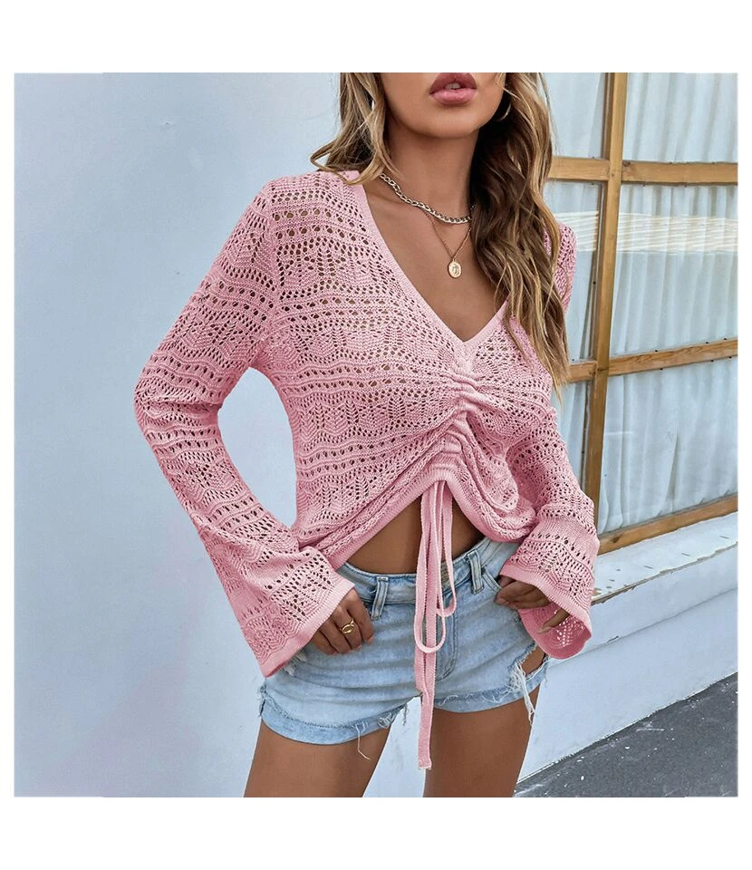 Sexy V-Neck Hollow Out Drawstring Knit Crop Tops Solid Color Flared Sleeve Loose Wholesale Sweater SSWN561053 14 Sexy V-Neck Hollow Out Drawstring Knit Crop Tops Solid Color Flared Sleeve Loose Wholesale Sweater SSWN561053 - Image 14