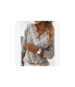 Sexy V-Neck Hollow Out Knit Tops Lace Stitching Solid Color Long Sleeve Wholesale Womens Sweaters SSW94740
