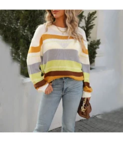 Fashion Casual Striped Knitted Tops Loose Round Neck Long Sleeve Women Wholesale Sweaters SSWN560990