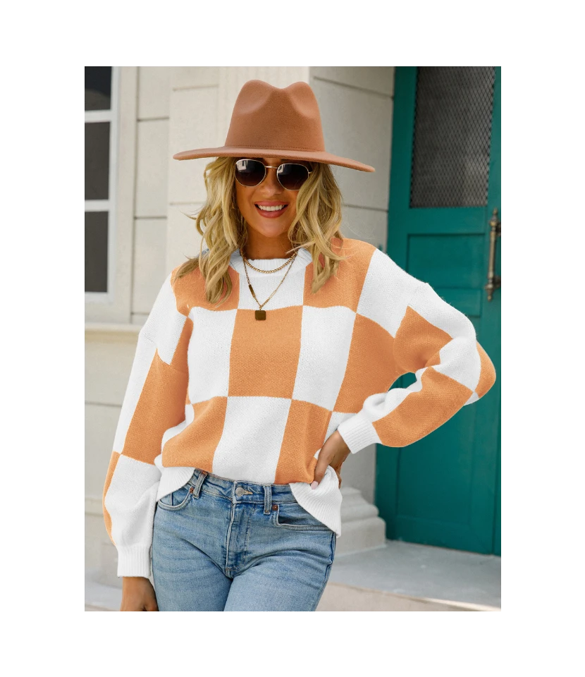 Fashion Lattice Pullover Long Sleeve Casual Loose Crew Neck Wholesale Sweater SSWN560971 9 Fashion Lattice Pullover Long Sleeve Casual Loose Crew Neck Wholesale Sweater SSWN560971 - Image 9