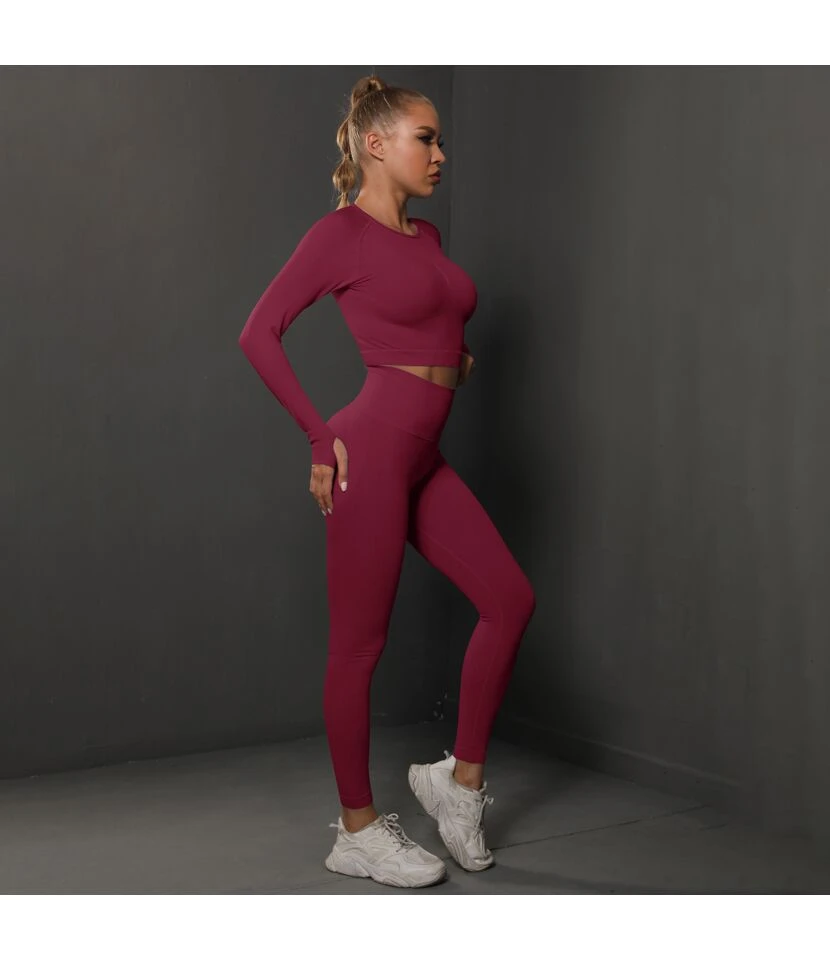 Fitness Seamless Knitted Pleated Tight Yoga Exercise Running Long Sleeve Leggings Suit Wholesale Women Clothing SOV463941 6 Fitness Seamless Knitted Pleated Tight Yoga Exercise Running Long Sleeve Leggings Suit Wholesale Women Clothing SOV463941 - Image 6