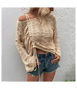 Sexy Hollow Out Drawstring Knit Top Solid Color Flared Sleeve Loose Wholesale Sweater SSWN561052 -Women Clothing Sales Store 78f898b4 632d 40ff a383 42a36701e177 c758a2449db47d753fcbeff52f1e3197