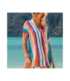 Colorful Striped Beachwear Cover Up Hollow Knitted Sunscreen Swimsuit Blouse Wholesale Blouse STN533558