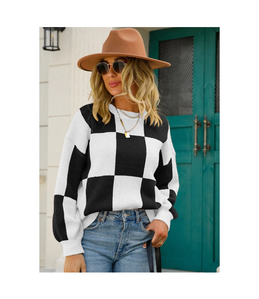 Fashion Lattice Pullover Long Sleeve Casual Loose Crew Neck Wholesale Sweater SSWN560971 3 Fashion Lattice Pullover Long Sleeve Casual Loose Crew Neck Wholesale Sweater SSWN560971 - Image 3