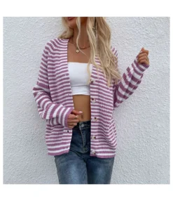 Striped Lantern Sleeve Sweaters Buttons Down V Neck Knit Cardigan SS170148