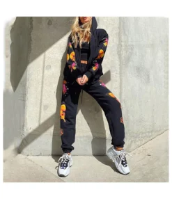 Butterfly Print Long Sleeve Hooded Zipper Loose Sports Women's Wholesale Activewear Sets SO95133