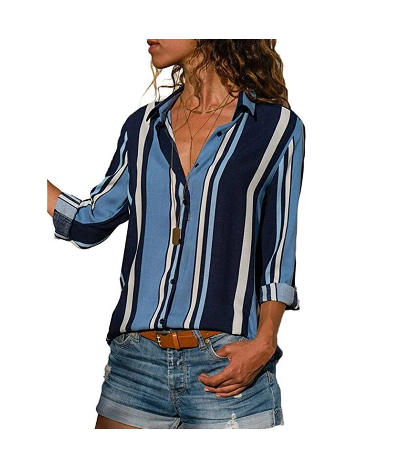 Lapel Long Sleeve Top Vertical Striped Casual Blouse Wholesale ST202685 8 Lapel Long Sleeve Top Vertical Striped Casual Blouse Wholesale ST202685 - Image 8