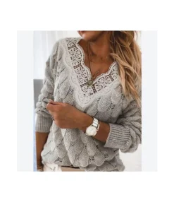 Trendy Solid Color V Neck Long Sleeve Knit Lace Womens Tops Wholesale Sweater Vendors Casual ST204381