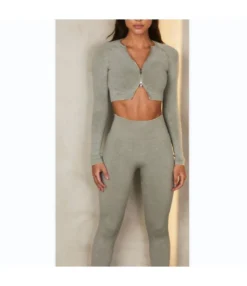 Sand-Washed Seamless Knitted Yoga Suits Double Zipper Tops & Leggings Wholesale Activewear Sets SON536531