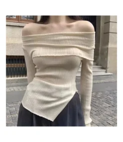 Ribbed One-Shoulder Side-Slit Solid-Color Knitted Slim-Fit Sweater Wholesale Women Top STV463715