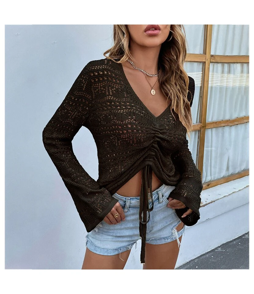Sexy V-Neck Hollow Out Drawstring Knit Crop Tops Solid Color Flared Sleeve Loose Wholesale Sweater SSWN561053 6 Sexy V-Neck Hollow Out Drawstring Knit Crop Tops Solid Color Flared Sleeve Loose Wholesale Sweater SSWN561053 - Image 6