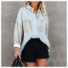 Leopard Print Denim Shirts With Pocket Long Sleeve Lapel Women'S Top Casual Wholesale Blouse ST531160