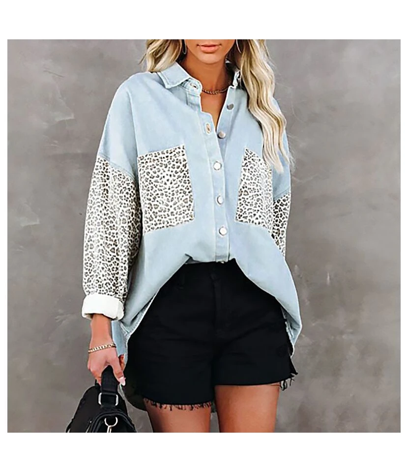 Leopard Print Denim Shirts With Pocket Long Sleeve Lapel Women'S Top Casual Wholesale Blouse ST531160 1 Leopard Print Denim Shirts With Pocket Long Sleeve Lapel Women'S Top Casual Wholesale Blouse ST531160