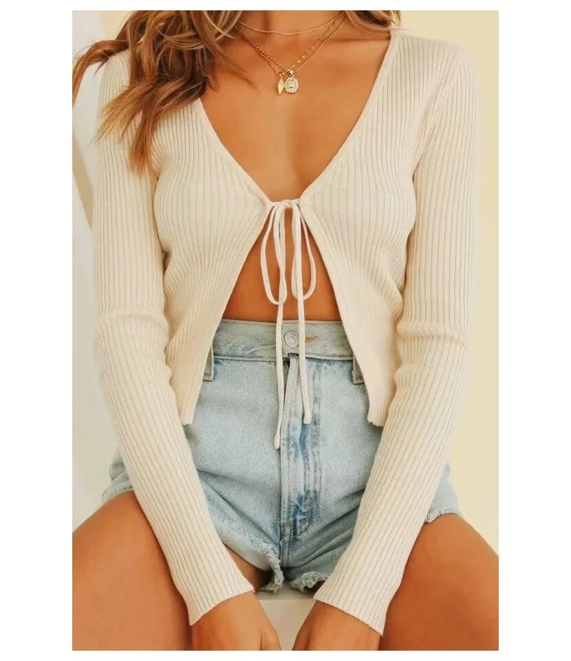 Trendy Plain Lace-Up V-Neck Cropped Slim Fit Women'S Knit Tops Wholesale Cardigans SOUN532442 4 Trendy Plain Lace-Up V-Neck Cropped Slim Fit Women'S Knit Tops Wholesale Cardigans SOUN532442 - Image 4