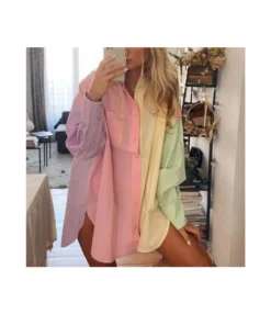 Colorblock Print Long Sleeve Loose Lapel Womens Long Shirt Fashion Wholesale Blouse STN533421